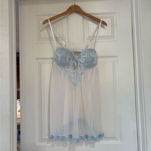 Lace Trim Sheer Chemise - White and Blue